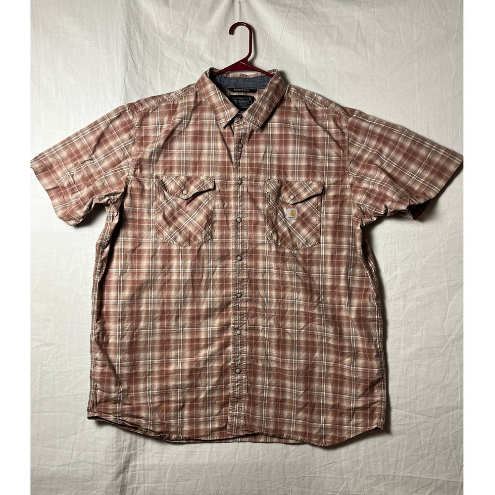 Carhartt Shirt Mens 2XL Tall Rugged Flex Relaxed Fit Brown Plaid Snap EUC